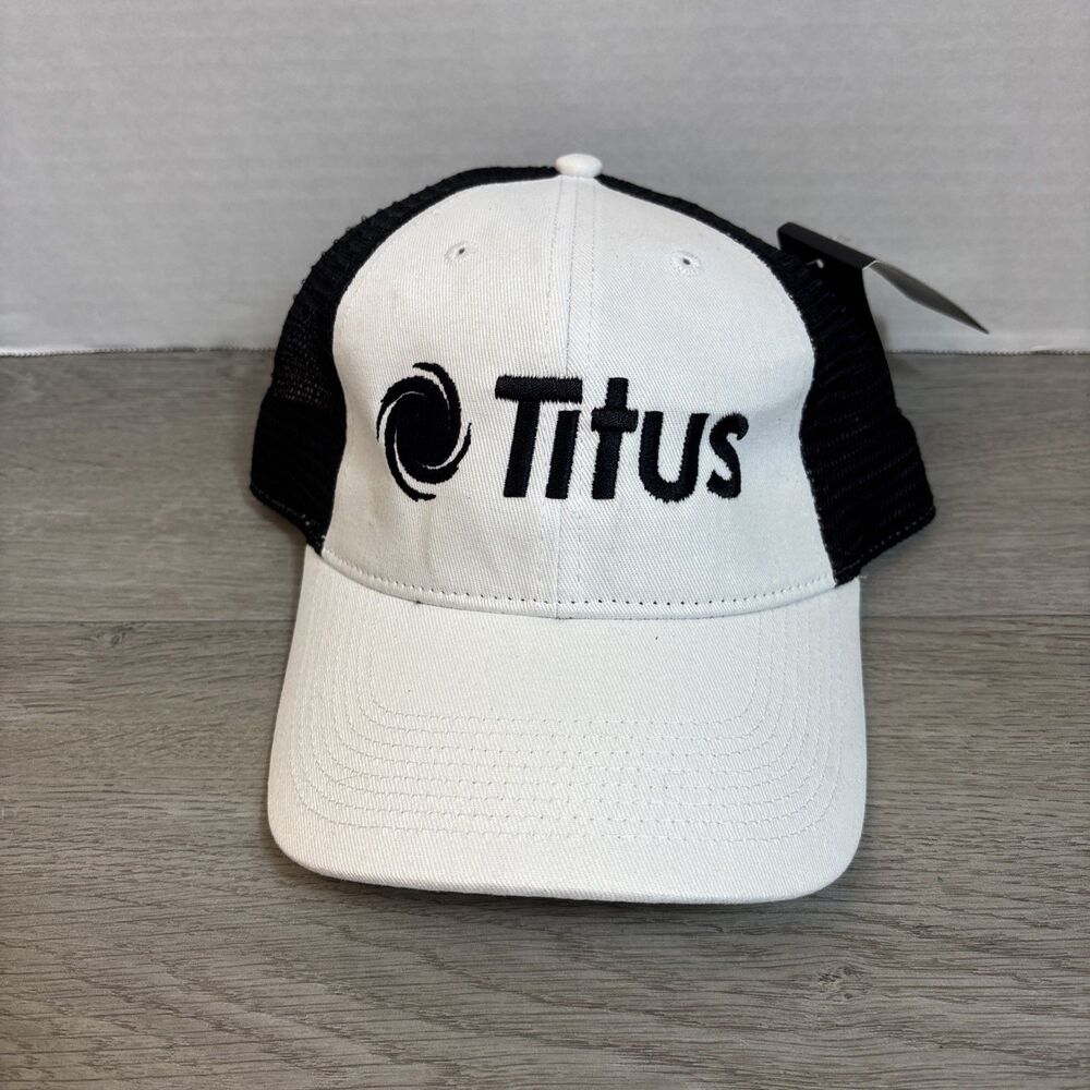 Titus Baseball Hat Cap White With Black Mesh Hook Loop Adjusting NEW